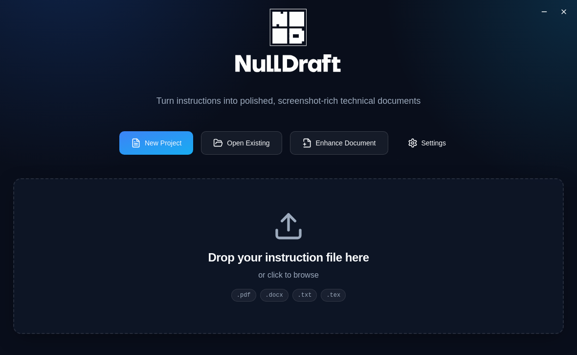 NullDraft home screen for uploading an assignment